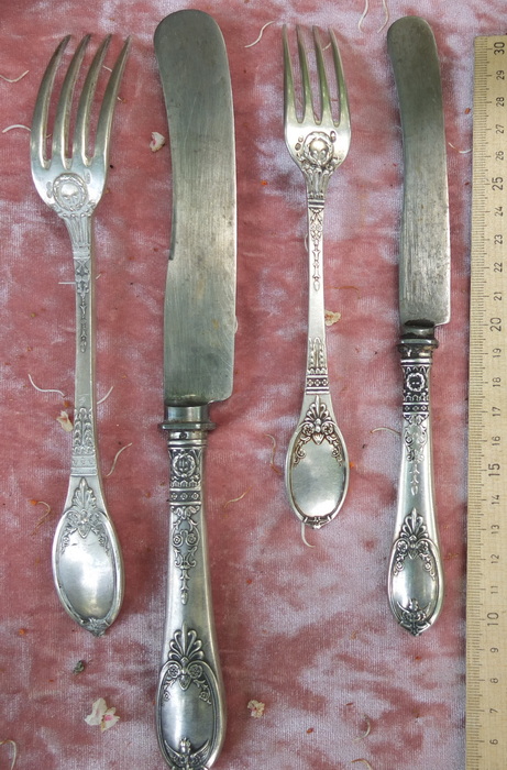 царские серебряные 2 вилки и 2 ножа, серебро 84 проба фото 2