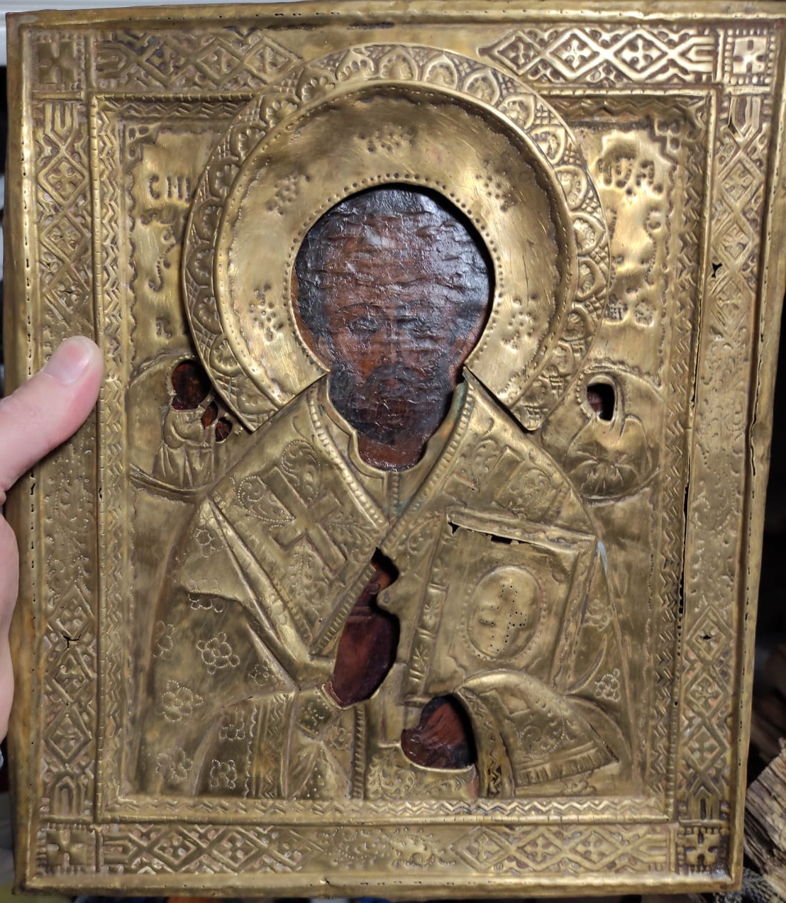 икона Николай Чудотворец,ковчег, латунный оклад, прописная, 19 век фото 5