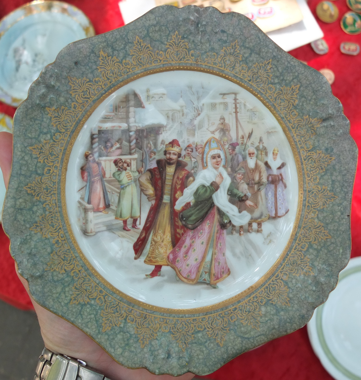 царская тарелка Бояре, ручная роспись, царская Россия