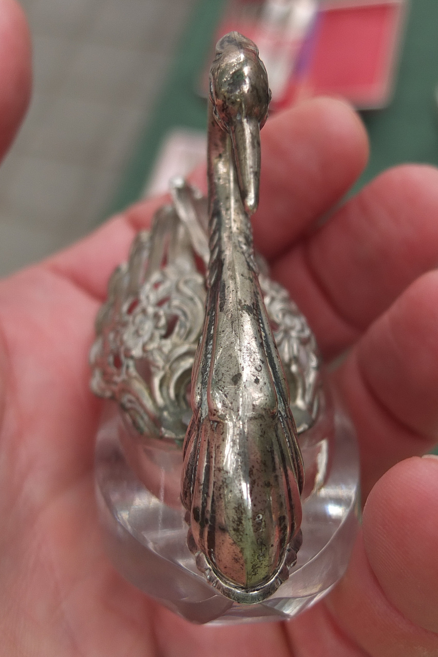 серебряная солонка Лебедь, хрусталь, серебро 835 проба, старая фото 3