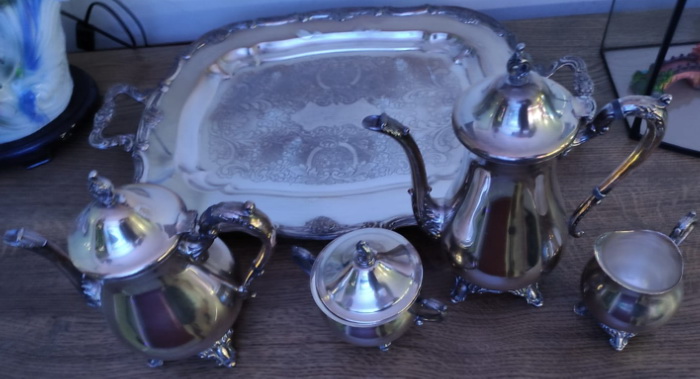 кофейно-чайный сервиз,5 предметов,латунь,серебрение, Европа,старый фото 5