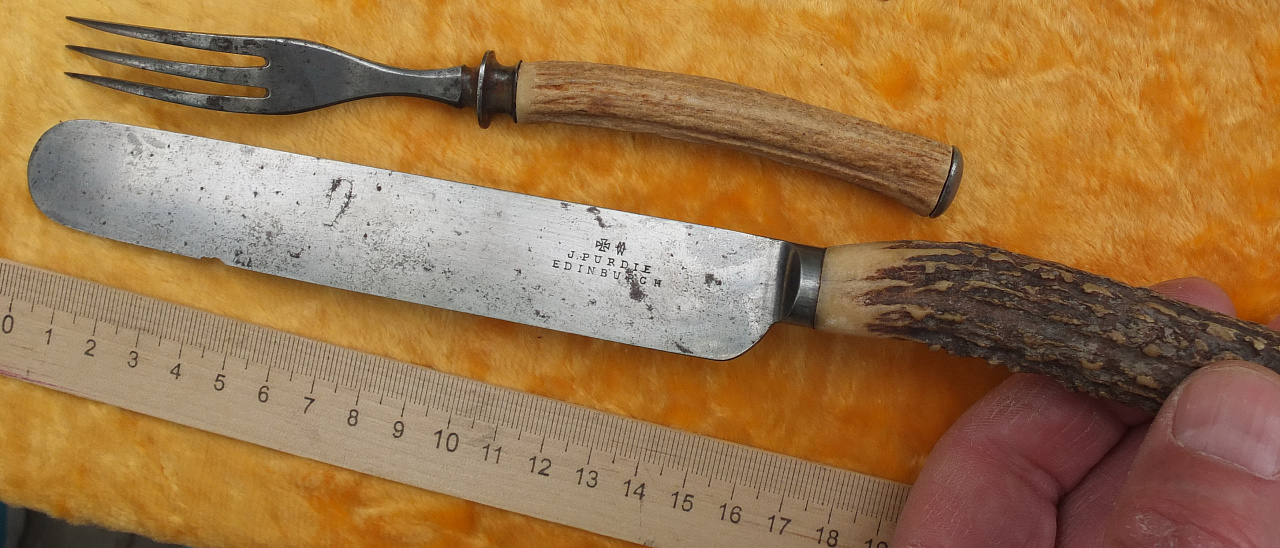 нож и вилка с ручками из рога оленя, кованое железо, 19 век фото 4