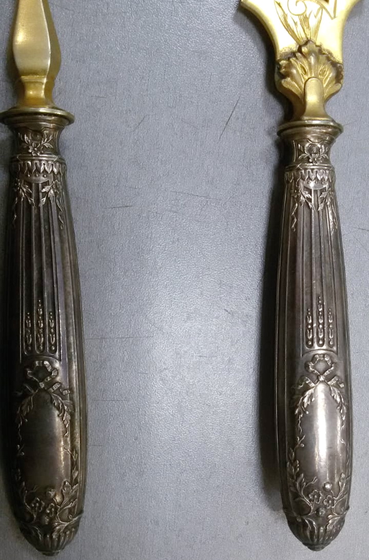  столовый набор серебряные лопатка и вилка ,Франция, серебро голова  Минервы, золочение  о фото 3