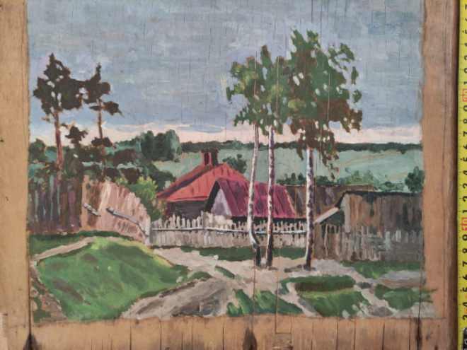 картина Деревня с берёзами, фанера,масло,НХ,1920е годы