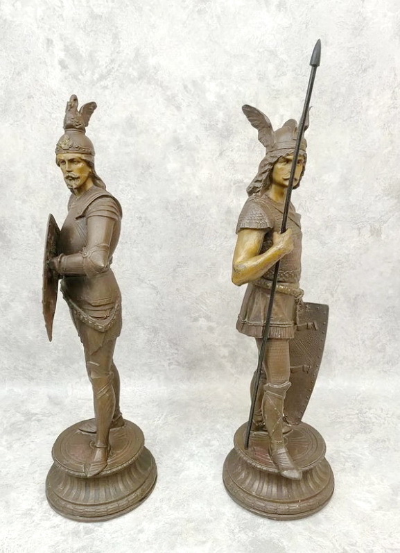 скульптура парная Воины, металл шпиатр, ручная роспись,Франция, 19 век фото 4