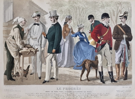  Старинная гравюра "Мужская мода 1870 года" из журнала "Le Progrès. Modes de Paris."