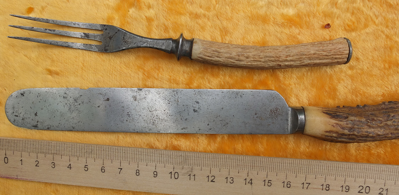 нож и вилка с ручками из рога оленя, кованое железо, 19 век фото 2