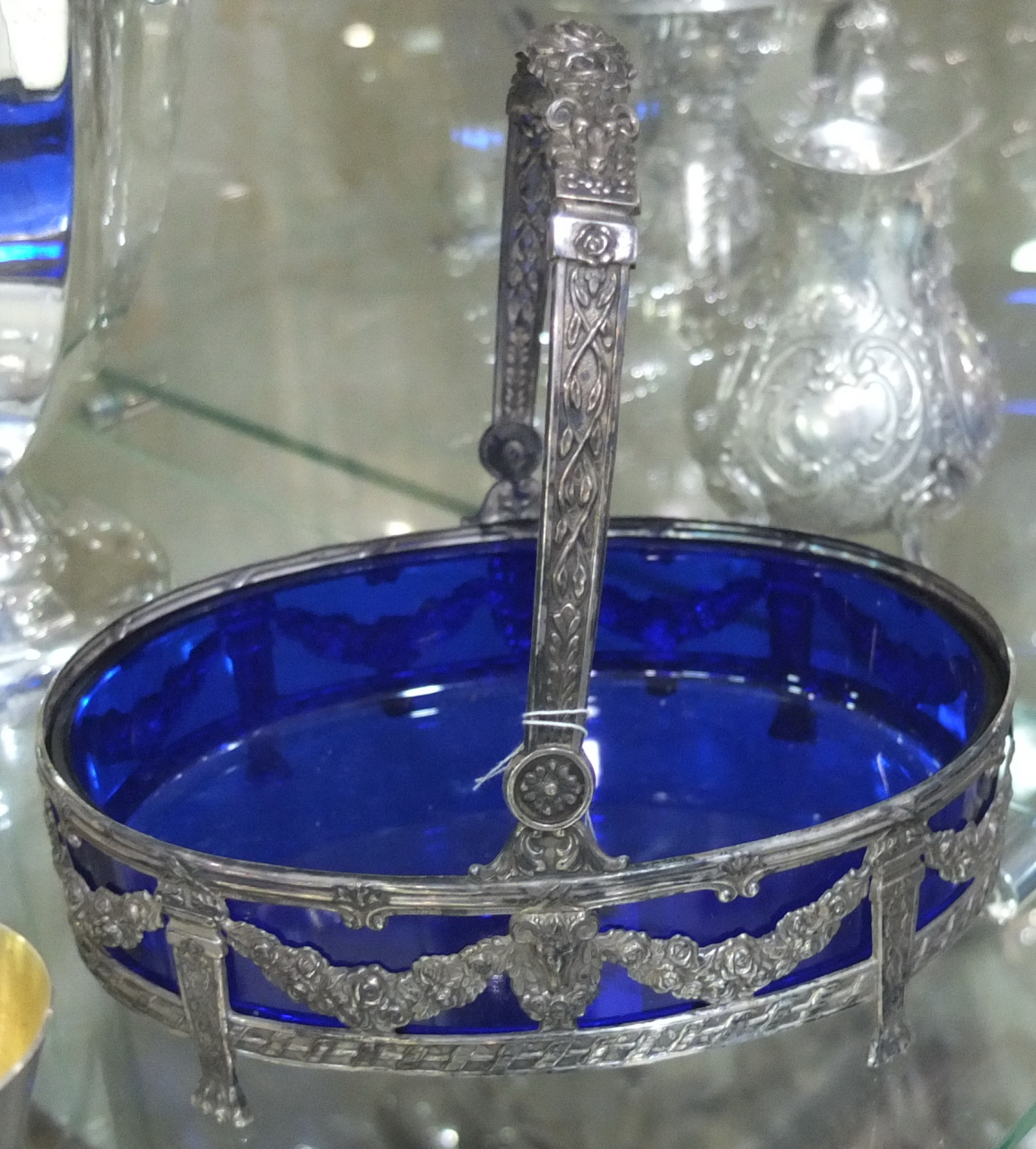 серебряная икорница, серебро,кобальтовое стекло, Европа, 19 век
