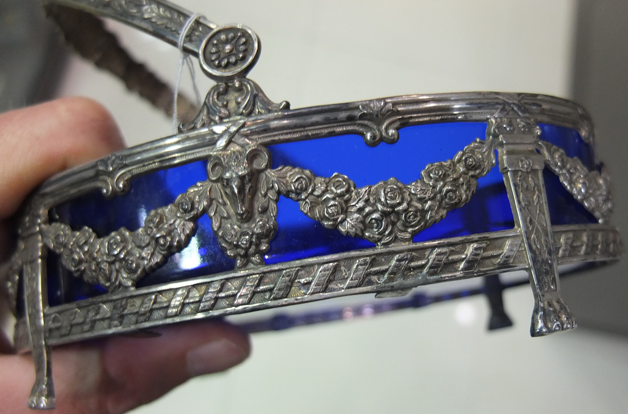 серебряная икорница, серебро,кобальтовое стекло, Европа, 19 век фото 6