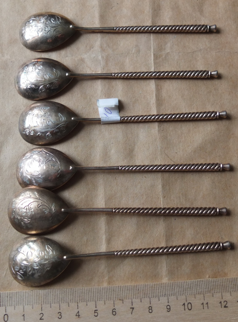 серебряные ложечки чайные с орнаментальной гравировкой, серебро 875 проба,6 шт
