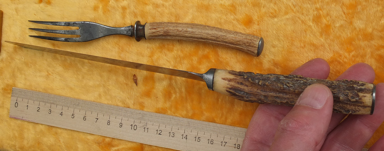нож и вилка с ручками из рога оленя, кованое железо, 19 век фото 5