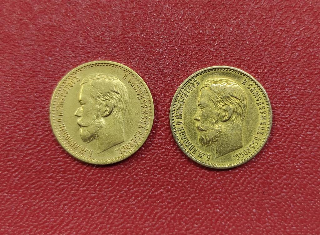 золотые монеты 5 рублей, 2 шт, 1898 год