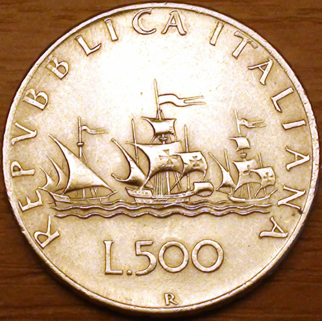 500 лир 1958г. Корабли Колумба.