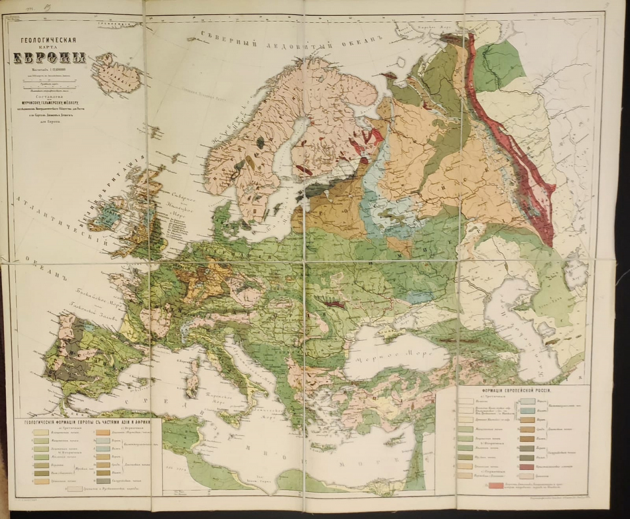 Геологическая карта Европы на холсте, картографическая мастерская  Ильина, царская Россия  фото 2