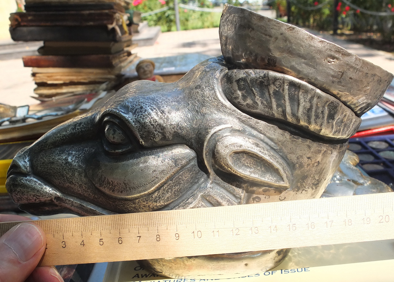 ритон Голова Барана, латунь, глубокое серебрение, музейная копия  фото 7