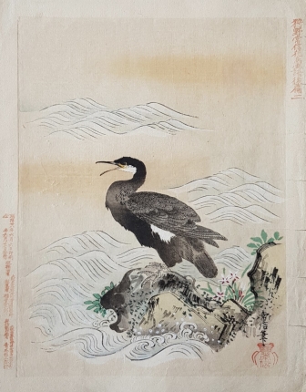  Антикварная японская ксилография эпохи Мэйдзи "Баклан на морском утёсе"