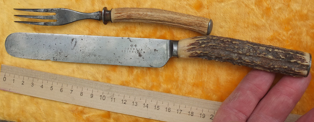 нож и вилка с ручками из рога оленя, кованое железо, 19 век фото 3