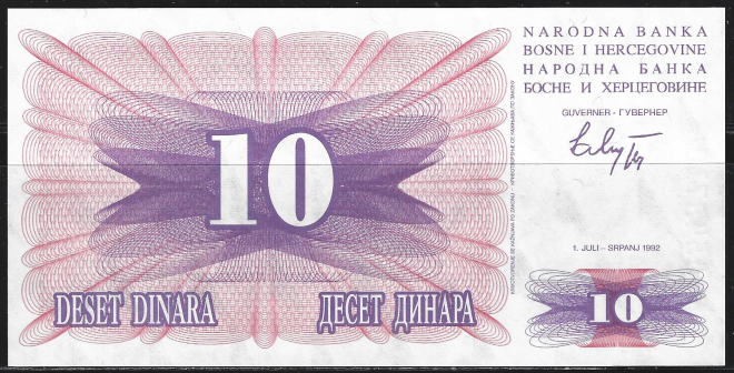 Босния и Герцеговина. 10 динар. 1992г. UNC. В1-428