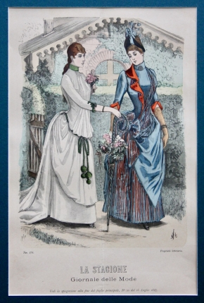 Старинная гравюра "Дамская мода 1887 года" из журнала La Stagione Giornale delle Mode.