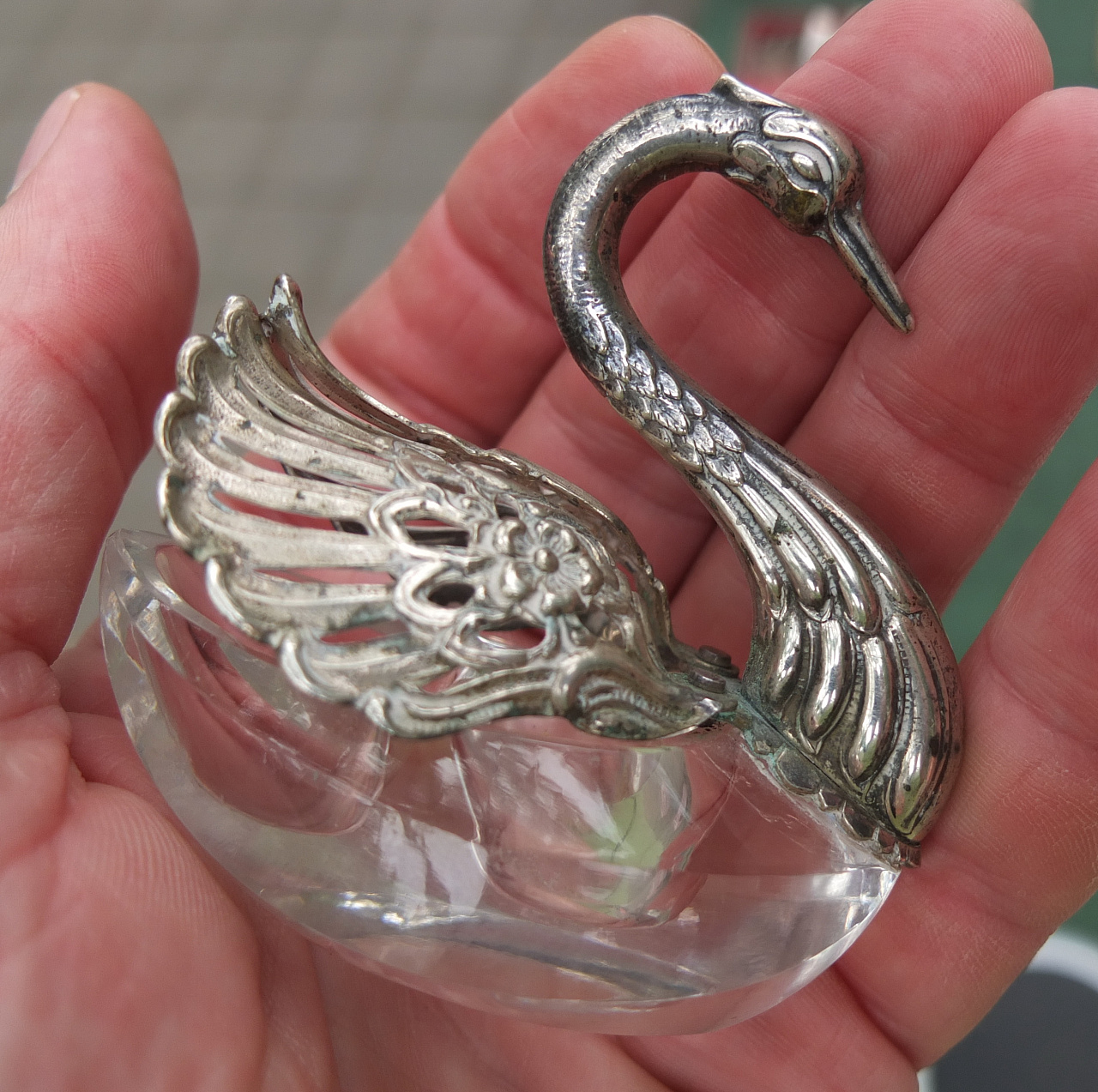 серебряная солонка Лебедь, хрусталь, серебро 835 проба, старая фото 4