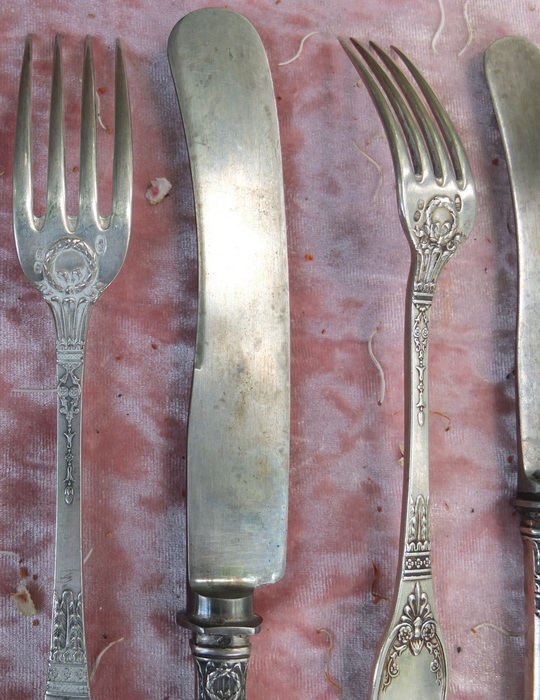 царские серебряные 2 вилки и 2 ножа, серебро 84 проба фото 5