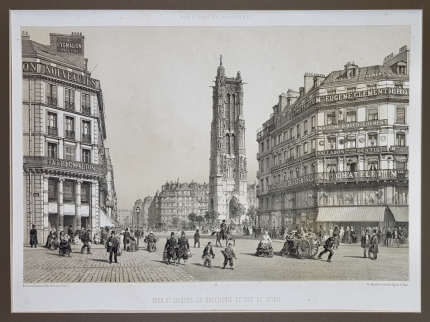  Антикварная литография "Париж в своём великолепии. Башня Сен-Жак и улица Риволи."
