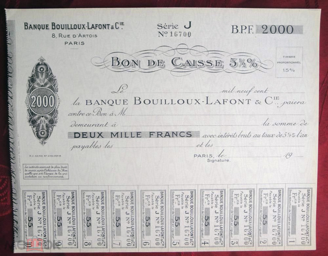 Франция Париж Банки Буйо Лафон Банк Дивидендная ценная бумага на 2000 франков