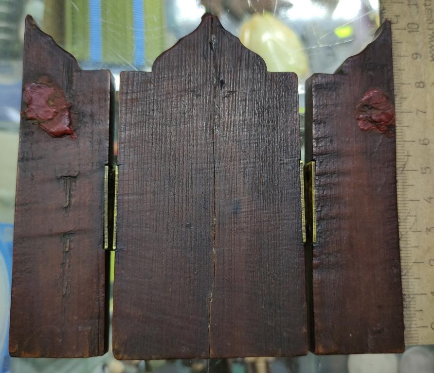 резной трехстворчатый деревянный складень Явление Богородицы Сергию, миниатюра, 19 в фото 6