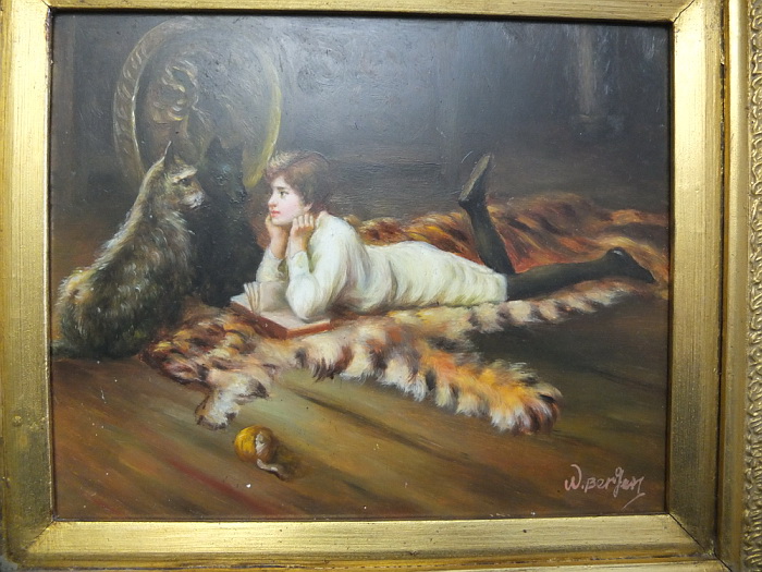 картина Мальчик с собачкой, масло,дерево, авторская, Европа, старинная фото 2