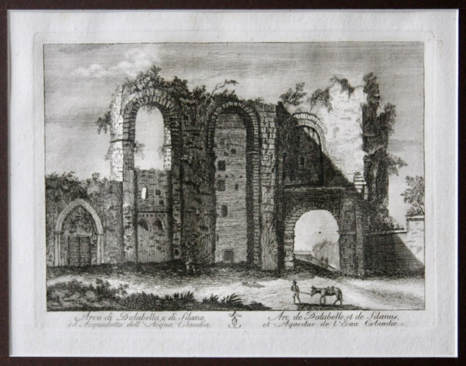Антикварная гравюра "Арка Долабелла и Силана и акведук Клавдия."