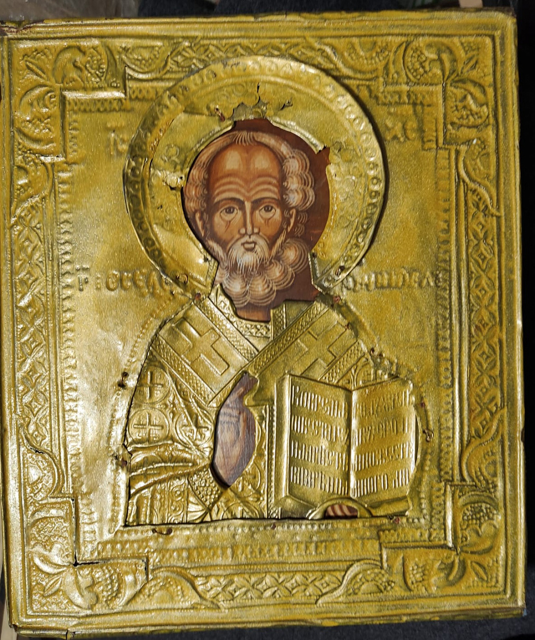икона Николай Чудотворец, латунный оклад, большая фото 5