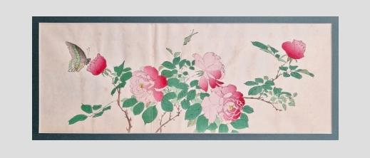 Антикварная японская литография "Бабочка на цветущем шиповнике".