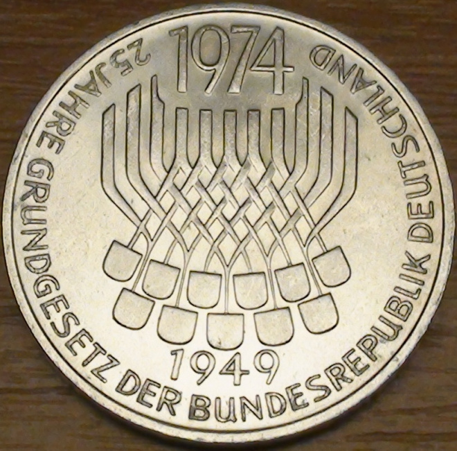 5 марок 1974г. 25 лет Конституции ФРГ.