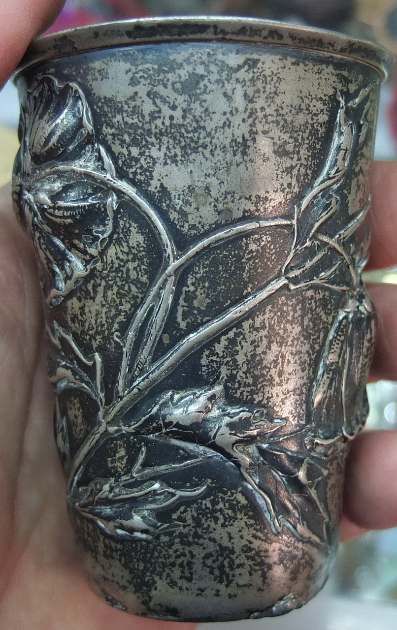серебряный стакан с цветами, стиль модерн, серебро 800 проба, Европа, 19 век фото 5