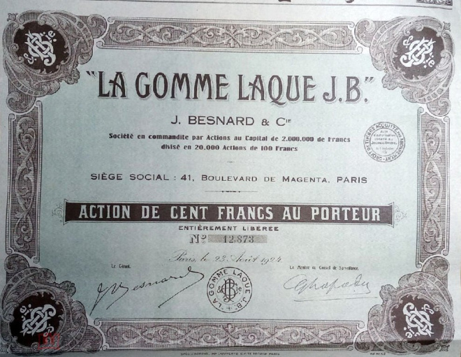 Франция Париж Химия АО "Шеллак Дж.Беснарда & Со" Акция на 100 франков 1924 год