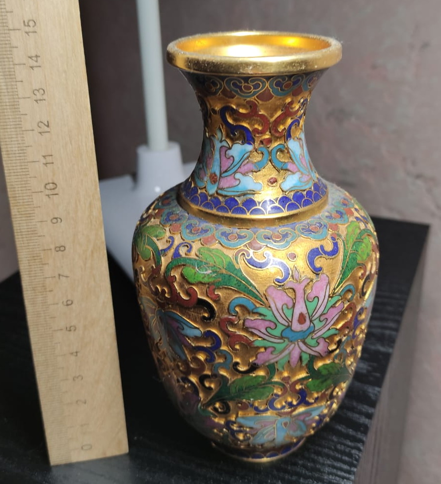 ваза латунная в эмалях клуазоне, настольная декоративная фото 4