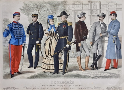 Старинная гравюра "Мужская мода 1872 года" из журнала "Le Progrès. Modes de Paris."