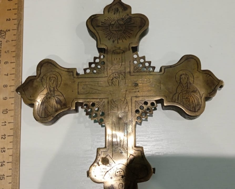крест церковный латунный с церковной хоругви, 19 век фото 5