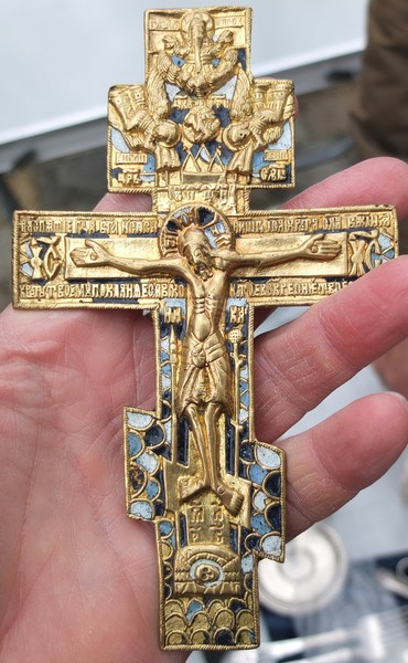 бронзовый крест распятие, в эмалях, высота 15 см, 19 век