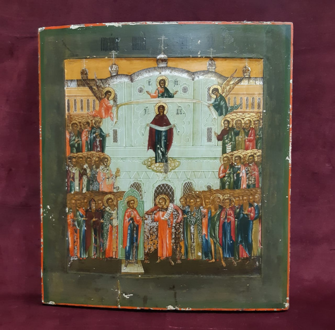 Старинная икона 19 века Покров Пресвятой Богородицы. Палех.