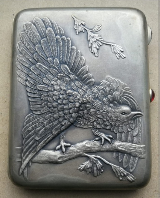 серебряный портсигар Глухарь, серебро 875 проба, в родной коробке, не  пользованный