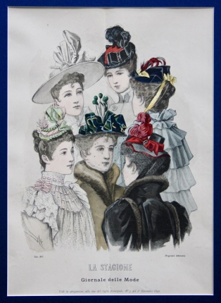 Старинная хромолитография "Модные дамские шляпки 1892 года" из журнала La Stagione Giornal