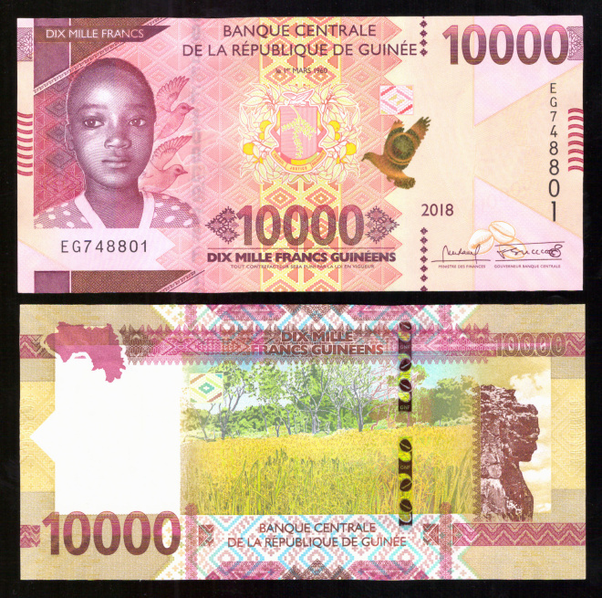 Гвинея 10000 франков 2018 год. UNC