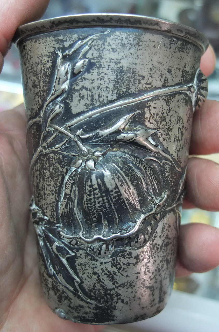 серебряный стакан с цветами, стиль модерн, серебро 800 проба, Европа, 19 век фото 4