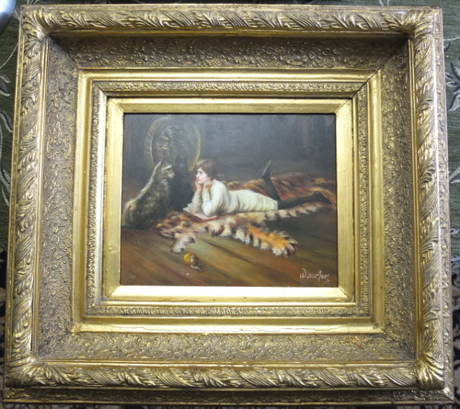 картина Мальчик с собачкой, масло,дерево, авторская, Европа, старинная