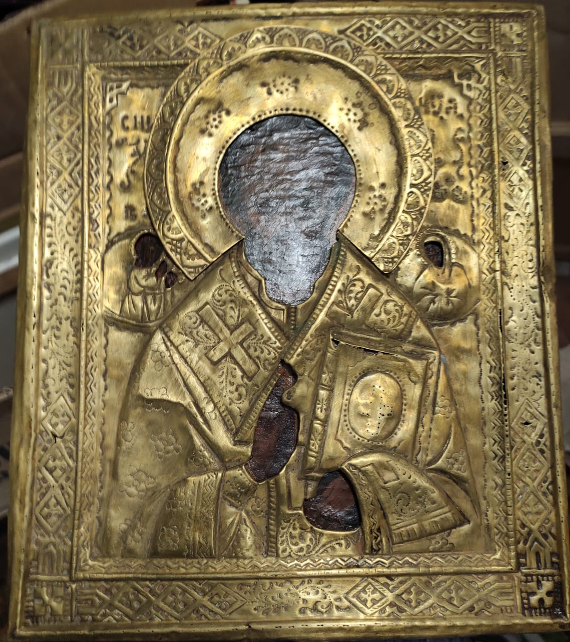 икона Николай Чудотворец,ковчег, латунный оклад, прописная, 19 век фото 6