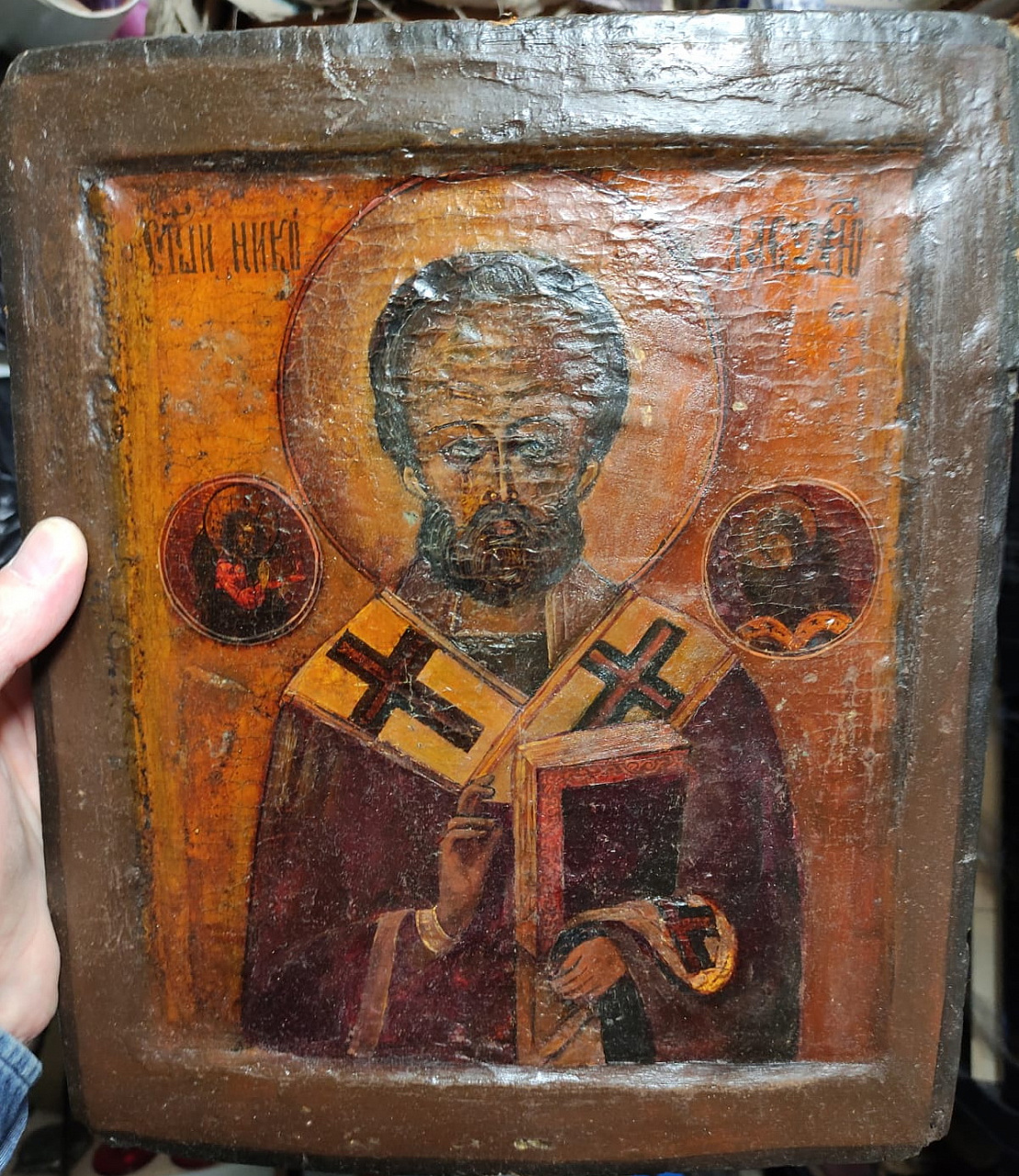 икона Николай Чудотворец,ковчег, латунный оклад, прописная, 19 век фото 3