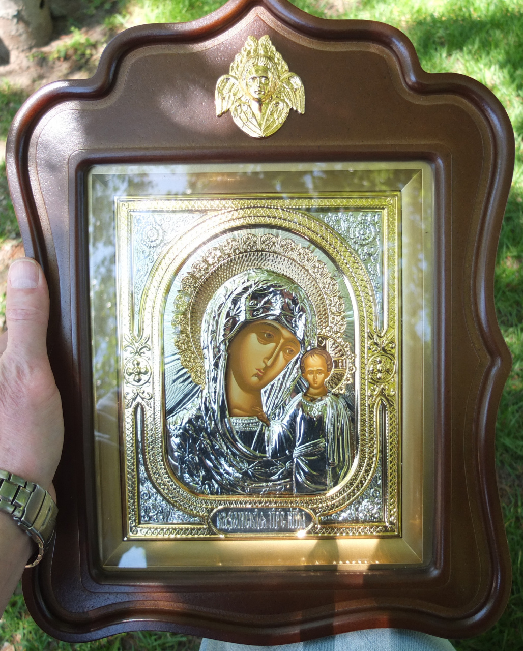 икона Казанская, оклад латунь, золочение, киот, Софрино, 20 век