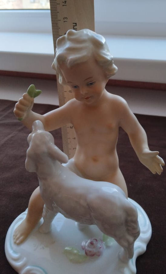 фарфоровая статуэтка Мальчик с ягнёнком, немецкий фарфор Шаубах фото 5