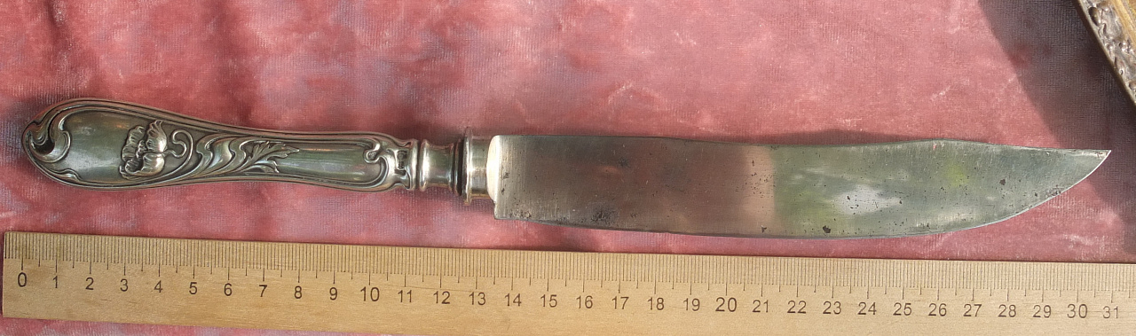 нож кухонный с серебряной ручкой, серебро 800 проба, 19 век фото 5